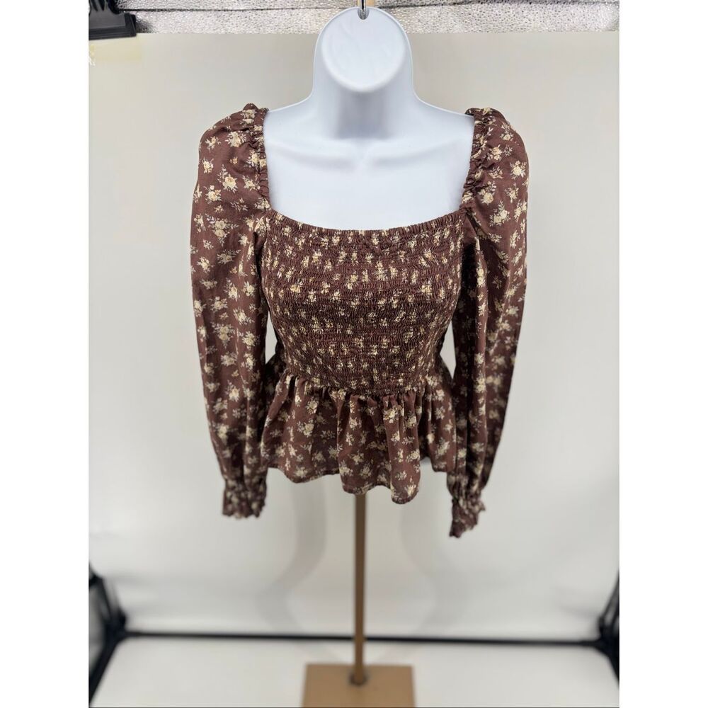 Dizzy Lizzy Smocked Peplum Floral Blouse XS Brown Boho Cottagecore Puff Sleeve